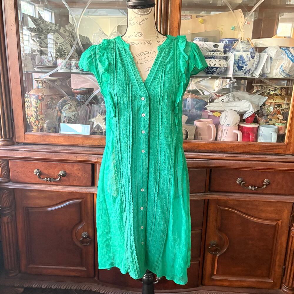 Meadow Rue Anthropologie Dress Womens 4 Green Lace Trim Flutter Sleeve Mini